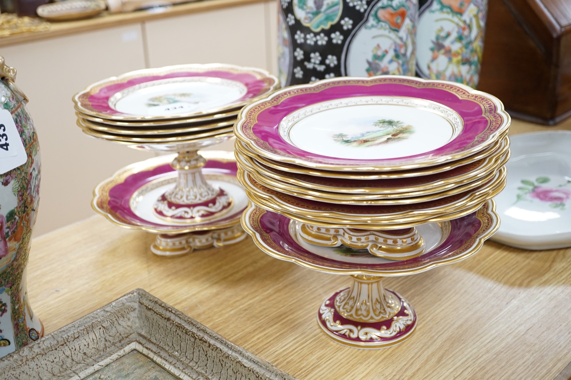 A 19th century Davenport cerise ground dessert set, (15)